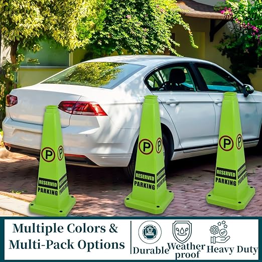 BESEA Reserved Parking Cone 6 Pack, 28" No Parking Sign Cone with Weighted Base, Green 4-Sided “ Reserved Parking” Warning Cone for Driveways Business Parking Lots Garages Indoor/Outdoor