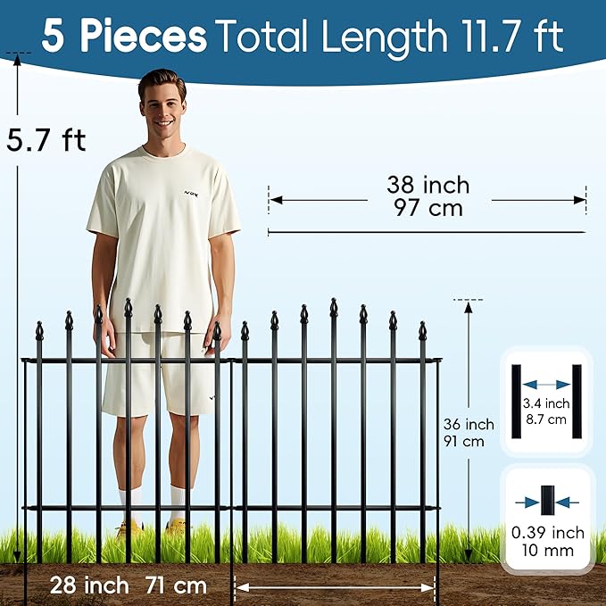 Metal Garden Fence 36" H x 28" W (5 Panels, 11.6 Ft Total) Rustproof Animal Barrier No Dig Decorative Fencing for Dogs,Pet, Yard,& Patio, Easy Installation