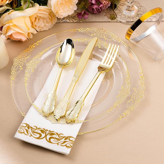 350PCS Clear Gold Plastic Plates for 50 Guests, Disposable Dinnerware Set Includes 100 Clear Disposable Plates, 150 Gold Silverware, 50 Cups, 50 Napkins for Party, Wedding