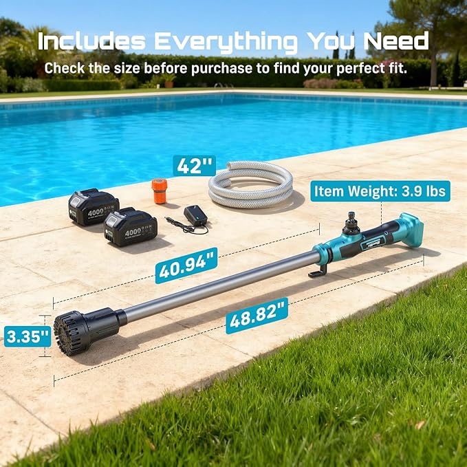 SEESII Cordless Stick Water Transfer Pump, with Dual 4000mAh Batteries & Charger, 720GPH, 32FT Head, Handheld Portable Utility Sump Pump Kit with 3/4" Outlet for Pool/Garden/Pond/RV/Boat Draining