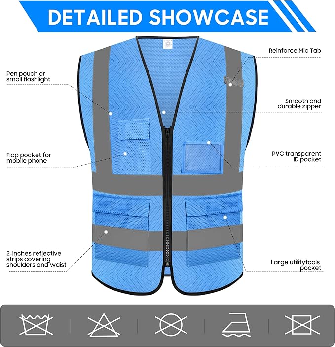 Reflective Safety Vest for Men Women with 5 Pockets and Zipper Front High Visibility