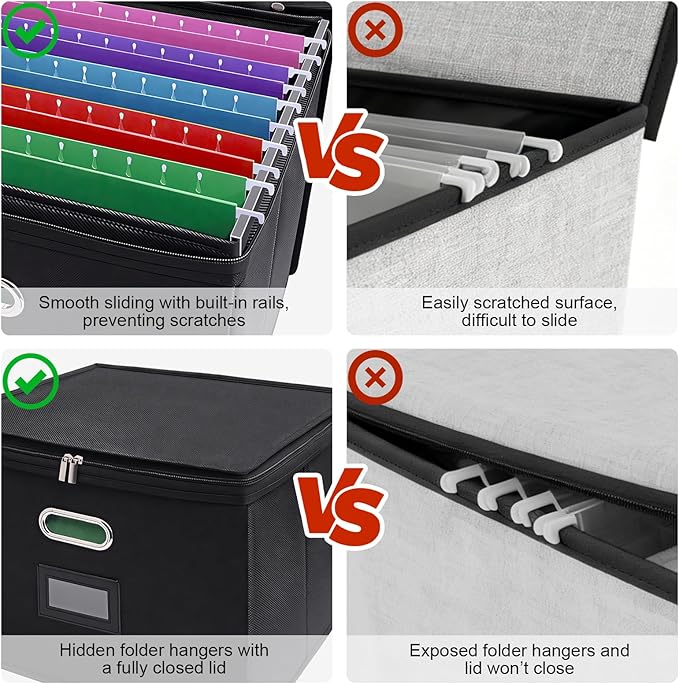 4 Pack Large File Organizer Boxes with Lids, Document Organizer Box with Mesh Pockets & Zippers for Letter/Legal Size Folders, Collapsible File Storage Box (Black, Without Folders)