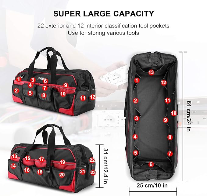 HAUTMEC 24" Large Pro Tool Bag, Heavy-Duty 1680D Double-Layer Fabric Wide Mouth Tool Bag with Metal Frame & Thickened Base, Padded Shoulder Strap & Rotary Buckle, 36 Pockets & Level Holder - HT0284