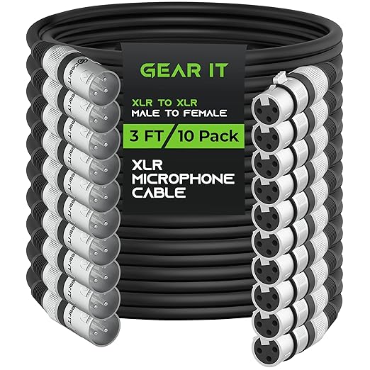 GEARit XLR Male to Female Microphone Cable (3 Feet, 10-Pack) 3-Pin Balanced Shielded Mixer, Recording Studio, Podcast - Black