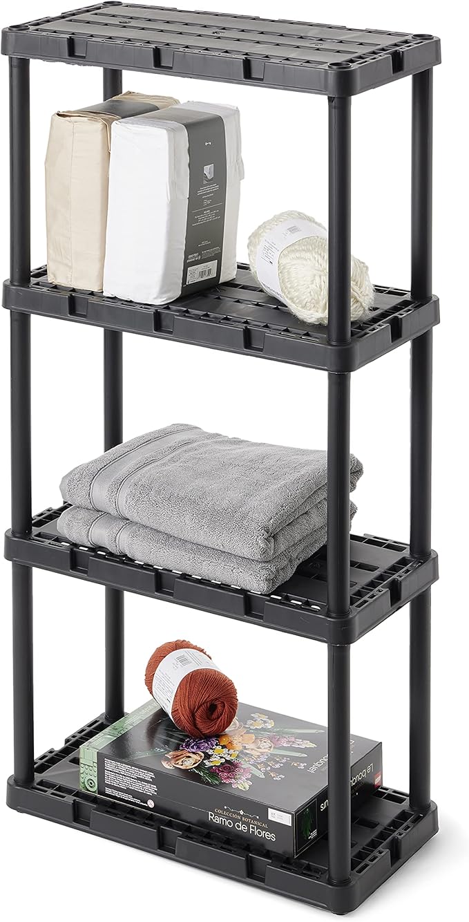 Gracious Living 3 Pack Light Duty Storage Shelves, Knect-A-Shelf 4-Shelf Ventilated Shelving Rack Organizer for Home, Garage, Basement & Laundry, Black