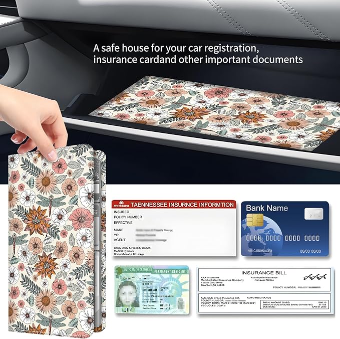 Premium Car Registration and Insurance Card Holder, Cute PU Leather Car Document Holder, Vehicle Glove Box Car Organizer with Magnetic Closure for Driver License, Cards Boho Flowers