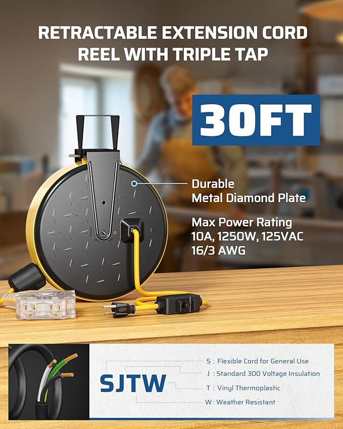 DEWENWILS 30 Ft Retractable Extension Cord Reel, Ceiling/Wall Mount 16/3 Gauge SJTW Power Cord with 6 Grounded Outlets, Twist-Lock Stopper, 10 Amp Circuit Breaker, Metal Covering, UL Listed
