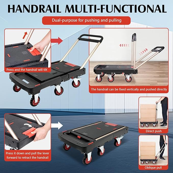 Collapsible Hand Truck w/Foldable Basket & Brake Wheel, Retractable Platform & Handle Heavy Duty 500lbs Capacity, Sponge Grip,Convertible Folding Dolly Cart for Luggage,Travel,Delivery & Storage