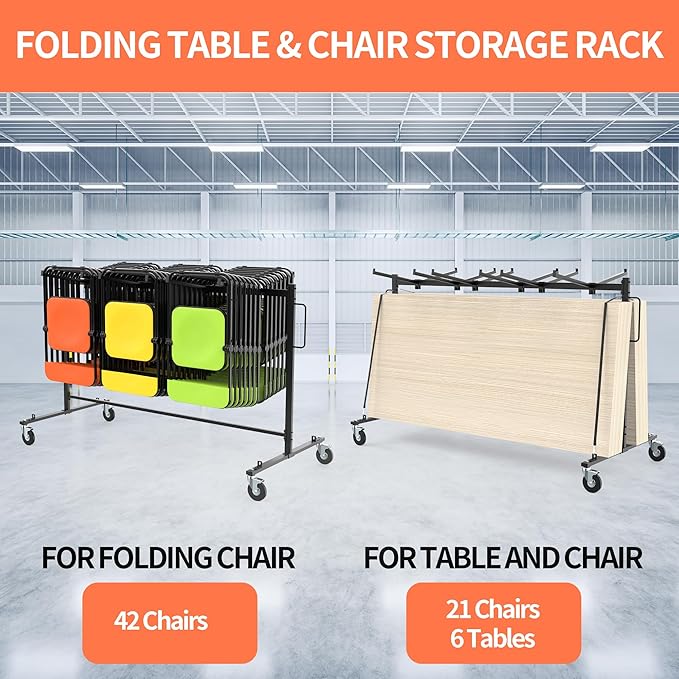 Folding Chair Rack Table and Chairs Storage Cart 400 LBS Capacity Heavy Duty Steel Mobile Dolly, 42 Chairs or 12 Tables Folding Chair on Wheels Storage Rack with Dust Cover & Elastic Cords