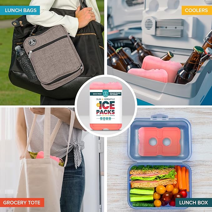 Healthy Packers Reusable Ice Packs for Lunch Boxes - Long Lasting Slim Freezer Packs, Thin Non-Toxic BPA-Free Hard Gel Ice Blocks for Coolers, Kids & Adults Lunch Bags, Travel, Camping, Food Storage