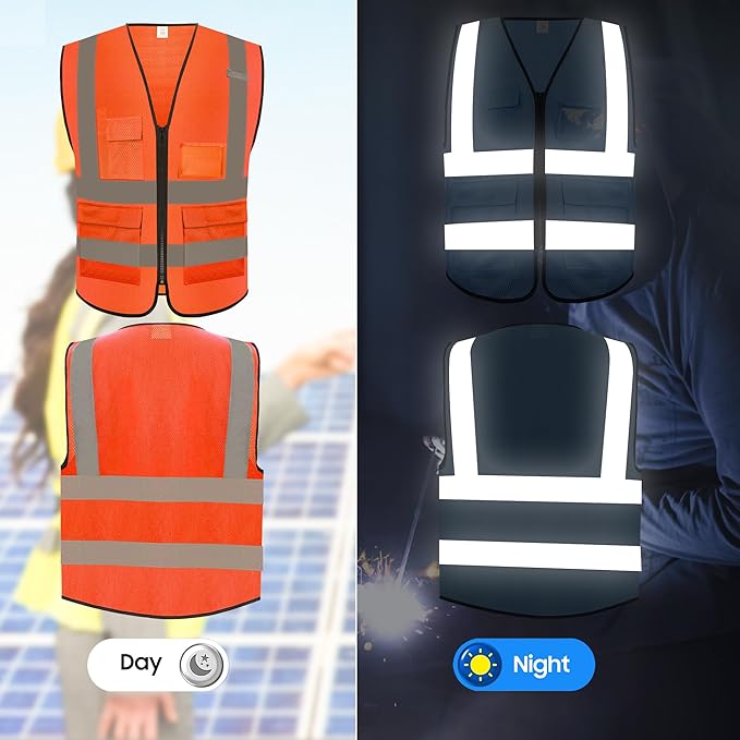Reflective Safety Vest for Men Women with 5 Pockets and Zipper Front High Visibility