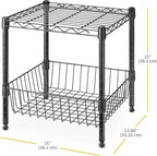 Whitmor 2 Tier Metal Storage Shelves, Heavy Duty Shelf with Basket, 350 lbs Capacity per Shelf, 700 lbs Total, Home Organizer for Kitchen, Garage, Bathroom, 15" L x 14" W x 15" H, Black