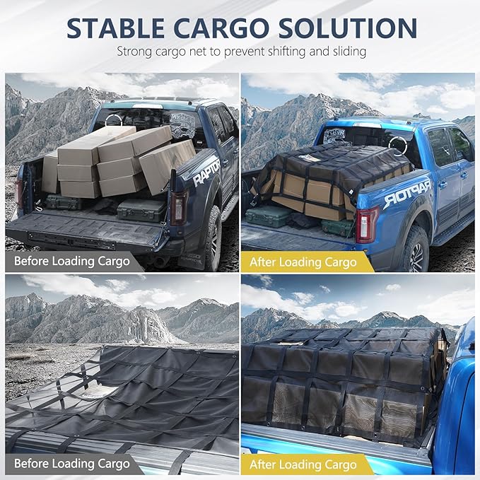 Tecoom Cargo Net for Pickup Truck Bed, 8.1x6.66 ft Heavy Duty Cargo Net, Organizer Netting, Cargo Carrier for Toyota, Ford, Chevy Silverado, GMC, RAM