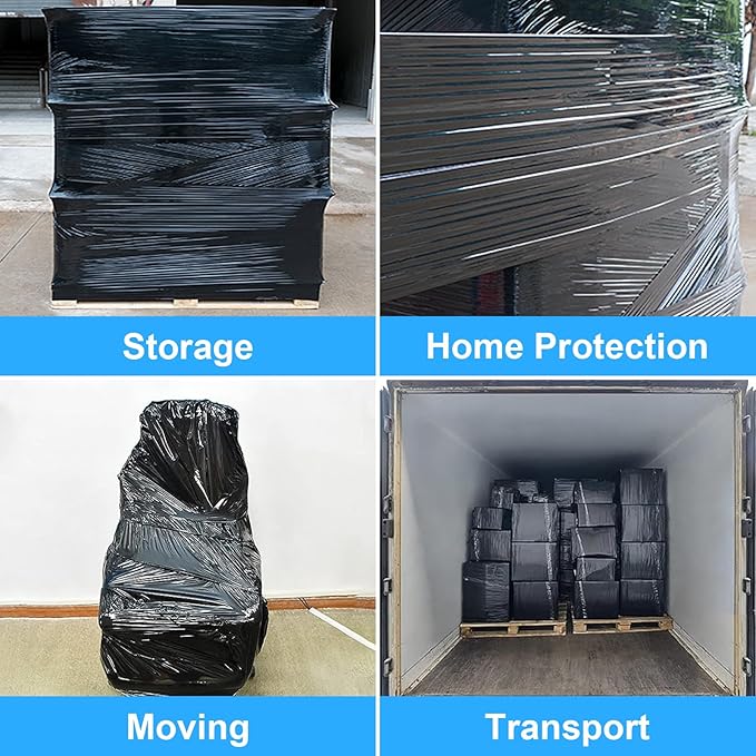 Black Pallet Wrap Stretch Film: 4 Pack Moving Wrapping Plastic Roll with 2 Handles, 18" Strength up to 800%, 80 Gauge Thick Shrink Wrap Roll for Pallet Packaging, Transportation, Stability, Protection