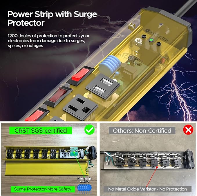 CRST 6-Outlet Heavy Duty Power Strip with USB and Individual Switches, 1200 Joules Metal Mountable Surge Protector Power Strip 15A Circuit Breaker, 6FT Extension Cord for Garage, Workshop, School