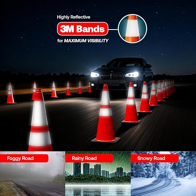 Brimar 28 Inch Traffic Cones, 6 Pack, Orange PVC Safety Cones with Black Base for Construction, Road Parking, MUTCD Approved Traffic Cones with 3M Reflective Bands, Structurally Stable Wearproof