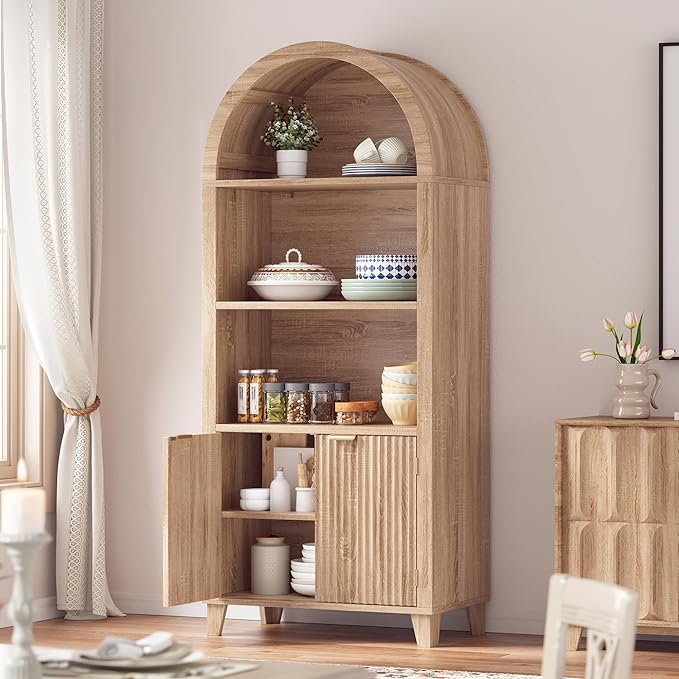 Arched Storage Cabinet, 5-Tier Pantry Cabinet with Fluted Doors, Arched Cabinet with Open & Adjustable Shelves, Versatile Cupboard for Dining Room, Living Room, Light Oak