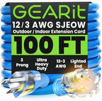 GEARit Outdoor 12 AWG Gauge 3 Prong Plug, Extension Cord, Ultra Heavy Duty SJEOW, 12/3, for Indoor/Outdoor, LED Lighted Plug, Resistant Rubber Jacket, Extreme Weather, 100 Feet, Blue