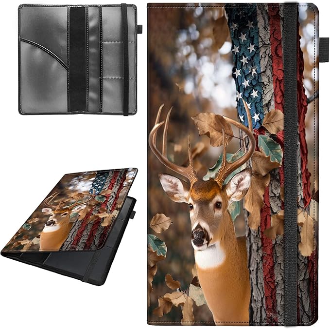 Car Registration and Insurance Holder,Leather Vehicle Glove Box Organizer Wallet for Document,Perfect for any Car,Truck,Motorcycle,Driver License,Trailer or Boat,Men & Women,American Deer Flag
