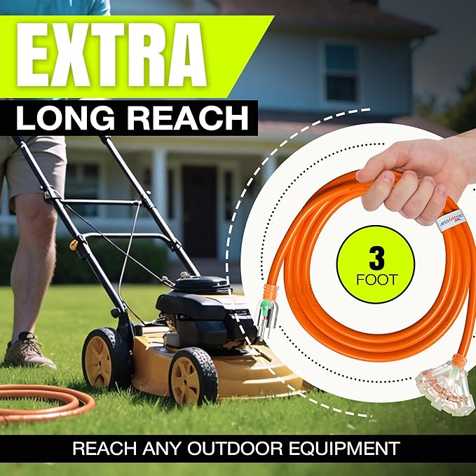 3ft Outdoor/Indoor Extension Cord 3-Outlet 12/3 Gauge Extra Heavy Duty ETL Listed, 3 Prong SJTW, Waterproof, Flexible Cold-Resistant Long Power Cord,15A 125V 1875W, Orange by LifeSupplyUSA