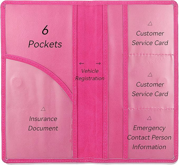 Car Registration and Insurance Holder, Premium Pu Leather Vehicle Glove Box Organizer - for Driver License, Cards & Essential Documents (L-Rose Red)