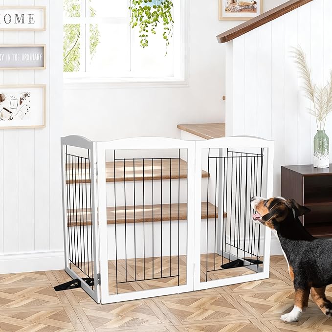 Dog Fence Indoor - 6-Panel Freestanding Dog Gate for Doorways, Hallways, House or Stairs -120x32-Inch Retractable Foldable Expandable Wood Pet by SFJC (White)