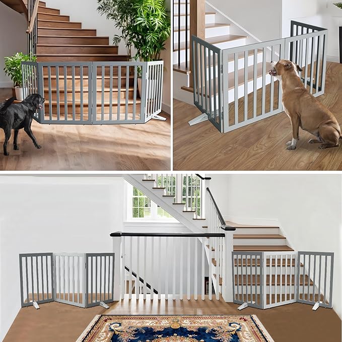 ZJSF Freestanding Indoor Dog Gate for House Foldable Wood Puppy Gate for Doorways Pet Gate for Stairs Extra Wide Pet Fence, Grey, 32" Height 2 Panels