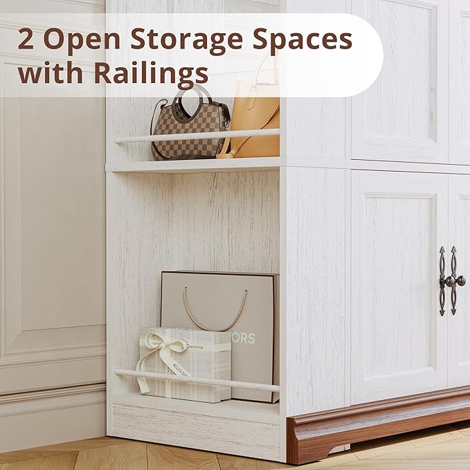 IRONCK Armoire Wardrobe Closet with Side Half Mirror, 70" Freestanding 4-Door Storage Cabinet for Bedroom, Features Side Hooks, Open Compartments, Hanging Rod & Shelves, White Armoire
