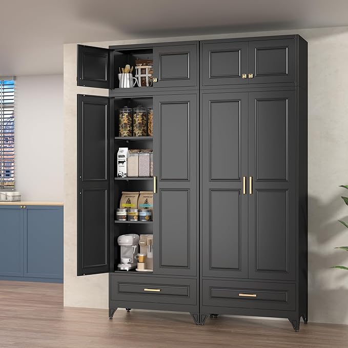 Kitchen Cabinet, 90" Tall Metal Storage Cabinet, Food Pantry cabinets with One Drawer, Black Pantry Cabinet for Dining, Living Room, 16" D x 32" W x 90" H, Assembly Required