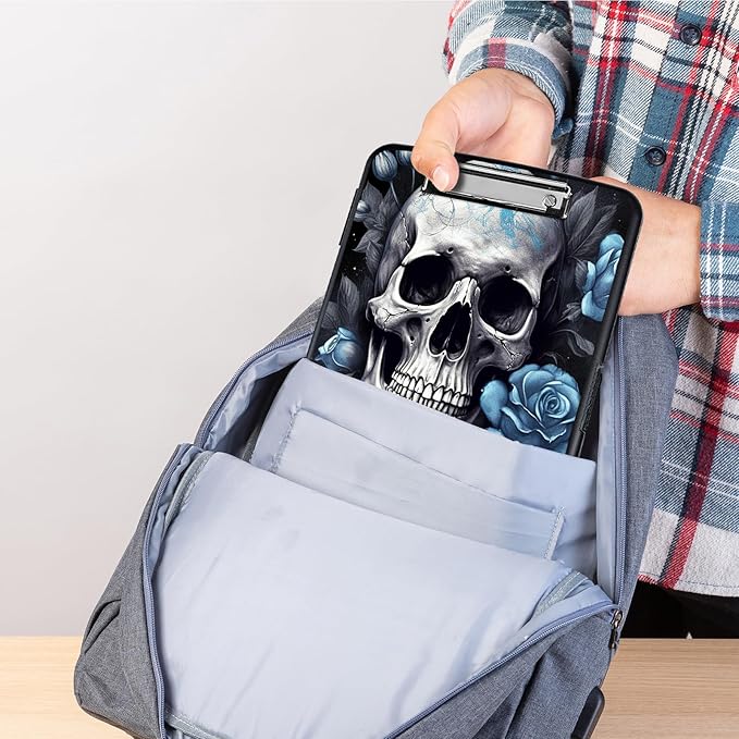 Clipboard with Storage,Heavy Duty Plastic Storage Clipboard with Low Profile Clip,Teacher Must Haves,Office Supplies,Blue Skull Rose Flower