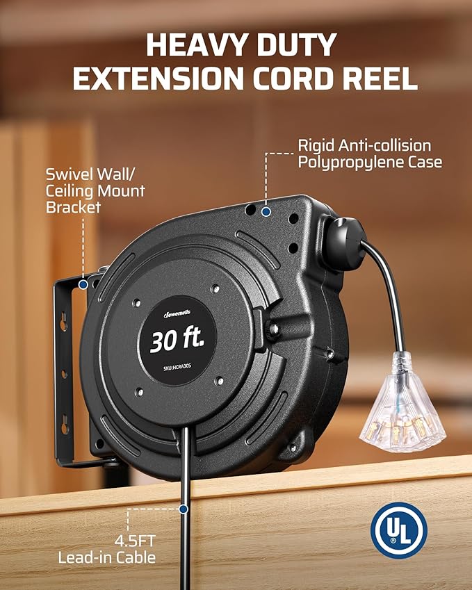 DEWENWILS 30FT Retractable Extension Cord Reel, 16/3C SJTW Heavy Duty Power Cord, Lighted Triple Outlets, 10A Circuit Breaker, Lightweight 180° Swivel Bracket, Ceiling/Wall Mount, ETL Listed, Black