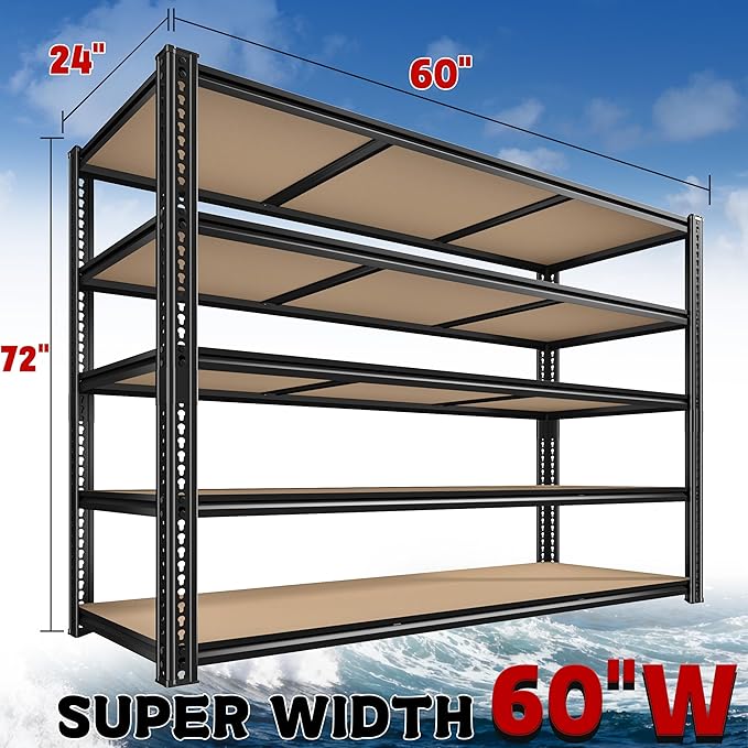 3500LBS Garage Shelving 60" W Metal Shelving 72" H Storage Shelves Heavy Duty 5 Tier Adjustable Shelving Unit for Storage Rack Pantry Shelf Commercial,60" W x 24" D x 72" H,2PC