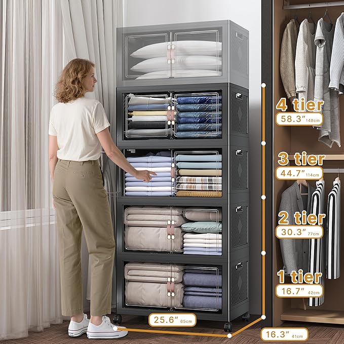 960Qt Stackable Storage Bins with Lids, 8 Pack Large Collapsible Bins with Wheels, Plastic Cabinet with Doors, Foldable Closet Organizers and Storage for Home, Dorm, Office, Black