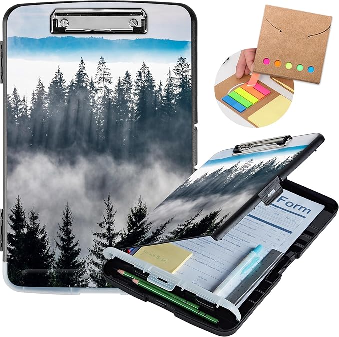 Clipboard with Storage,Heavy Duty Plastic Storage Clipboard with Low Profile Clip,Teacher Must Haves,Office Supplies,Nature Mountain Forest