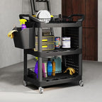 HOMCOM 3 Tier Utility Cart on Wheels, Rolling Tool Storage with Pegboards and Bucket, 200 LBS Load Capacity Plastic Service Cart for Garage, Warehouse, Workshop, Black