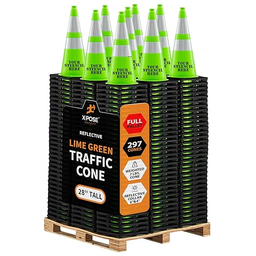 Xpose Safety 28" Lime Traffic Cones 6" & 4" Reflective Collar - Bulk Full Pallet 297 Pack - Premium PVC Safety Cone for Parking, Caution, Construction, Road Crews, Emergency Vehicle - DOT Approved