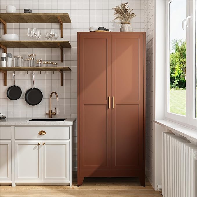COFaR 71" Classic Pantry Cabinet in Brown, 5-Tier Storage with Adjustable Shelves, Wood-Tone Cupboard for Kitchen, Office & Living Room Organization