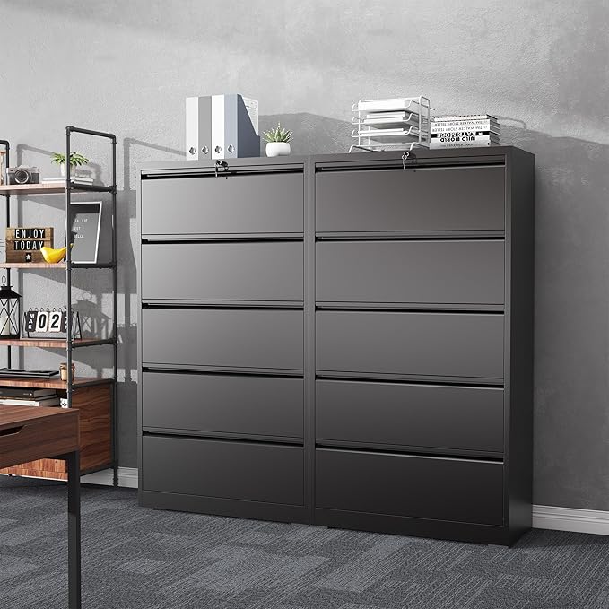 5 Drawer File Cabinet with Lock, Lateral Filing Cabinets,Metal Storage Filing Cabinets for Home Office, Heavy Duty File Cabinet for Letter/Legal/A4/F4 Size Amssebly Required, Black