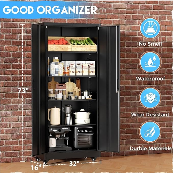 Greenvelly Metal Storage Cabinet with Wheels, 73" H Garage Storage Cabinet with 4 Adjustable Shelves and Locking Doors, Garage Rolling Storage Cabinets for Home, Warehouse, Garage, Black