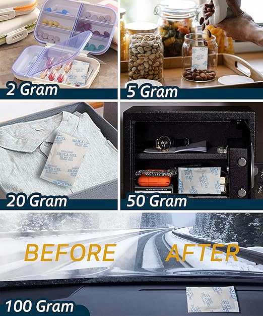 1 Gram (100 Pack) Color-Indicating Silica Gel Packets, Each 5 Pack Individually Sealed, Food Grade Desiccant - Rechargeable Moisture Absorbers for Food Storage, Electronics, 3D Filament & Safes