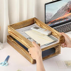 BTSKY 1PC Vintage Wood Letter Tray with Anti-Slip Bars, Stackable A4 Paper Document File Organizer, Solid Wood Desktop Office Desk Storage Holder for Office and Home
