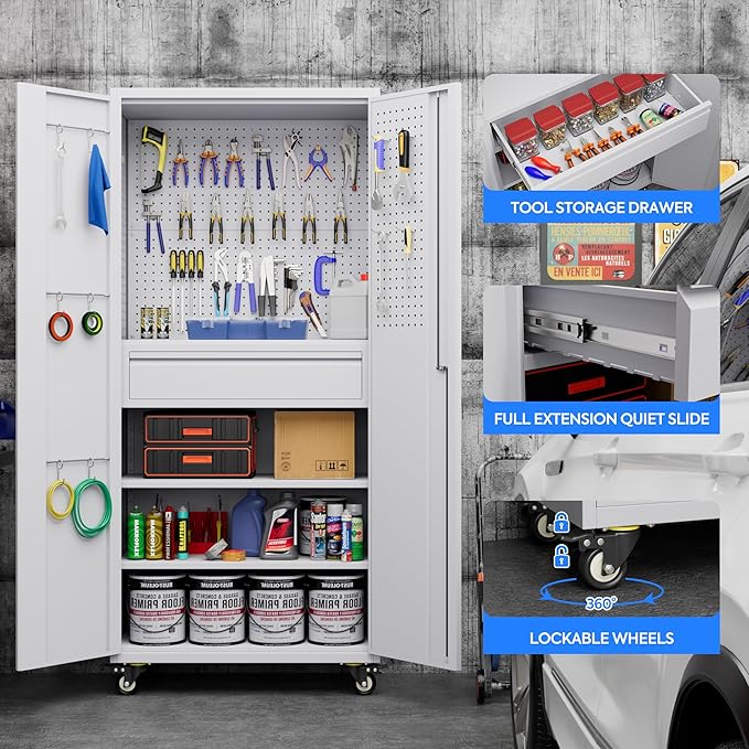 SUXXAN 71" Metal Garage Storage Cabinet with 16 Hooks and Pegboards,1 Drawer Inside Rolling Tool Storage Cabinet with Adjustable Shelves,3 Metal Hanging Rod for Garage,Warehouse(White)
