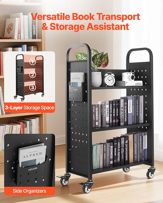 VEVOR Rolling Library Book Cart, 330 lbs Capacity, 30.3 x 15 x 48.0-Inch Library Cart, Single Sided L-Shaped Shelves with 3-Inch Lockable Wheels, Book Truck for Home Shelves Office and School, Black