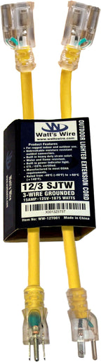 2 Pack - 1 ft Short Outdoor Extension Cord Waterproof - 12 Gauge Heavy Duty Extension Cord 1 ft - Lighted Outdoor Extension Cords - Watts Wire - Two Pack of 1' Grounded