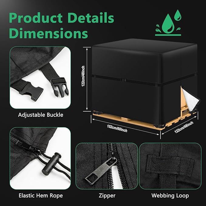 Zipper Pallet Cover,KY-HUAEN 900D Heavy Duty Pallet Covers Fits Large Pallets Up to 48" x60"x48" Waterproof,Rip-Proof, Fade Resistant, With Fixed Rope