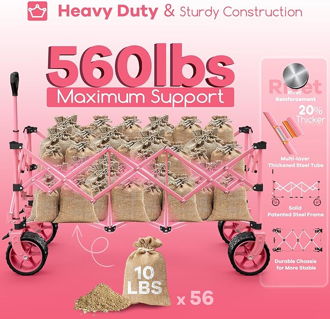 48" L Collapsible Wagon Cart Foldable, 560lbs Weight Capacity 300L Heavy Duty Folding Beach Wagons with Big All-Terrain Wheels, Utility Carts for Groceries, Shopping, Camping, Sports - Pink