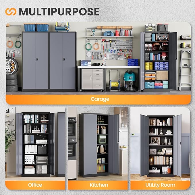 Metal Garage Storage Cabinets with Lock, 71" Tall Tool Cabinet with 2 Door and 5 Adjustable Shelves, Locking Garage Cabinets and Lockable Steel Locker for Home Office Warehouse-(Black Gray-71”H)