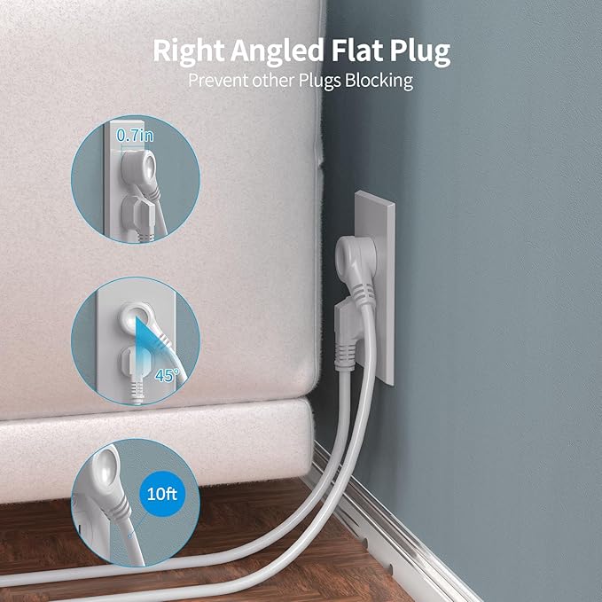 Surge Protector Power Strip Tower with 5 USB Ports and Night Light, 10FT Extension Cord with 12 AC Multiple Outlets, PASSUS Power Tower, Overload Protection for Home Office Dorm Room (White)