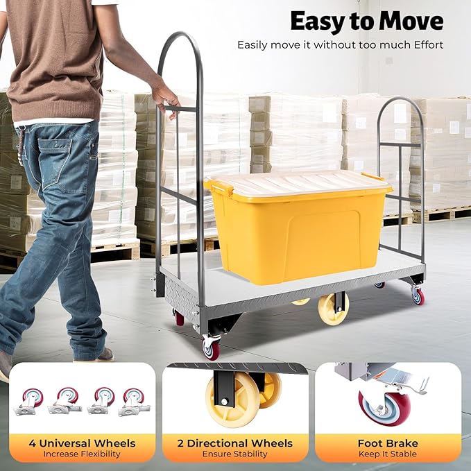 2000lbs Capacity Foldable Push Cart Dolly,64.6Lx15.7H U-Boat Steel Cart,6 Wheels for Furniture Luggage Lifting,Warehouses, Storage Rooms, Transportation Facilities