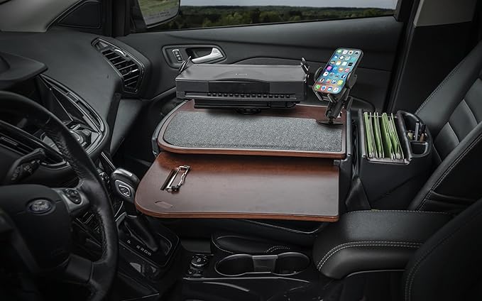 AutoExec AE-GMCD-PM-PS-21M GripMaster Car Desk for Your Vehicle Workstation and Mobile Office, Mahogany with Phone Mount and Printer Stand